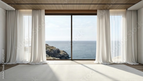 a bright  airy room featuring large windows with a scenic ocean view  complete with elegant curtains and a rug