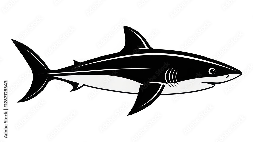 an artistic illustration of a shark in striking black and white. The image showcases the sleek lines of the shark's body, fins, and sharp teeth an artistic illustration of a shark in striking black and white. The image showcases the sleek lines of the shark's body, fins, and sharp teeth