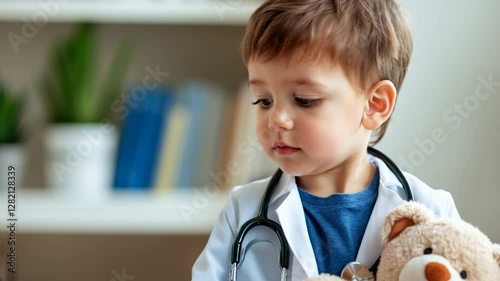 Child doctor examines teddy, clinic background