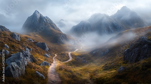 A misty mountain pass with rocky peaks and a winding trail disappearing into the fog
