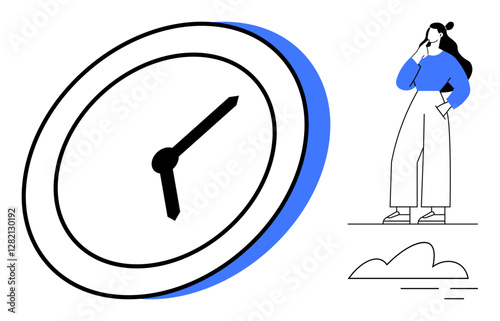 Woman contemplating beside a large, tilted clock with blue accents. Ideal for time management, personal reflection, planning, decision-making, productivity, mindfulness scheduling. Abstract line