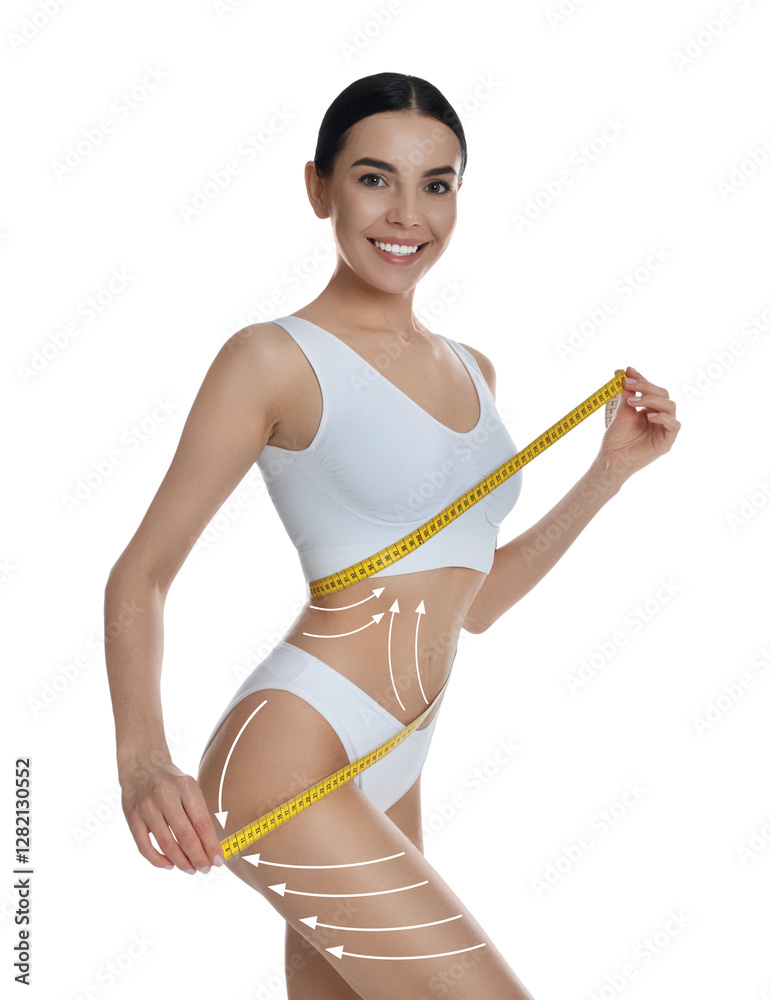 Woman showing her beautiful body with smooth skin on white background. Anti-cellulite massage or lifting lines on skin Woman showing her beautiful body with smooth skin on white background. Anti-cellulite massage or lifting lines on skin