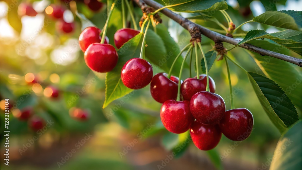 Vibrant Ripe Red Cherries on Tree Branch in Summer Orchard Background Vibrant Ripe Red Cherries on Tree Branch in Summer Orchard Background