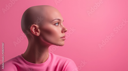 Bald woman, pink, isolated, portrait, cancer survivor, beauty, confident, strong. breast cancer