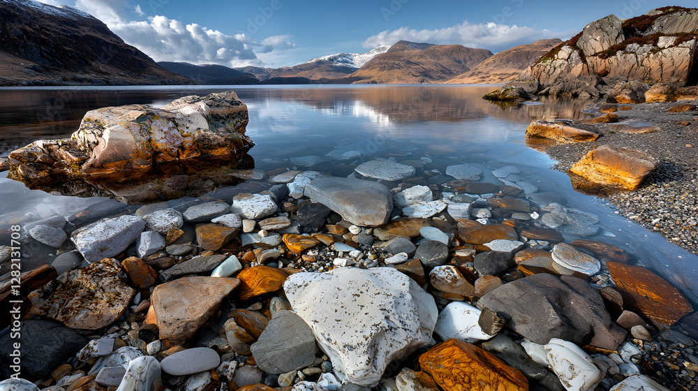 Obraz premium Calm lochside rocks, mountain reflection, Scotland