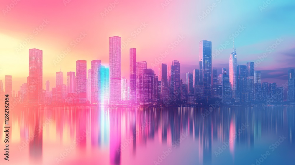 Futuristic gradient city skyline with holographic towers, vibrant colors shifting from pink to aqua, sleek and dynamic Futuristic gradient city skyline with holographic towers, vibrant colors shifting from pink to aqua, sleek and dynamic