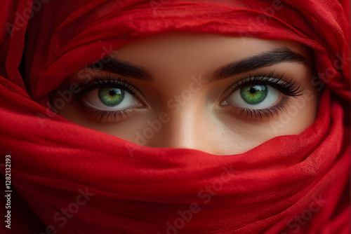 arafed woman with green eyes and red scarf covering her face
