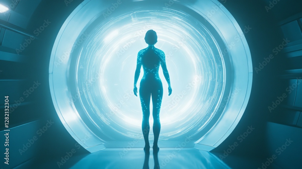 Futuristic healer glowing with advanced medical tech, standing in glowing chamber, blending humanity with technology Futuristic healer glowing with advanced medical tech, standing in glowing chamber, blending humanity with technology