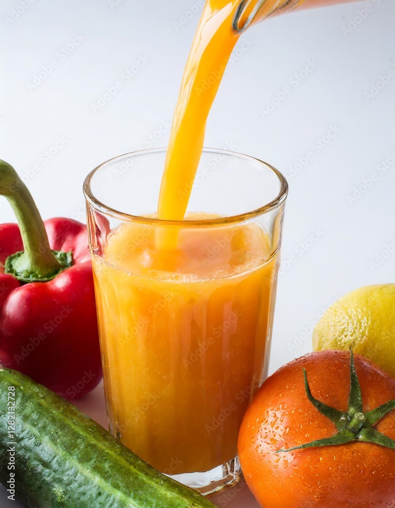 Conceptual Image: Fresh Juice Pouring from Fruits and Vegetables into a Glass on a White Background Conceptual Image: Fresh Juice Pouring from Fruits and Vegetables into a Glass on a White Background