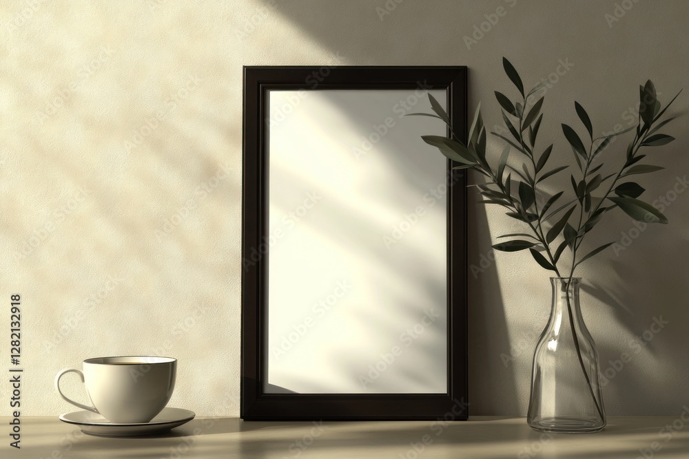 Blank frame mockup with coffee cup and olive branch. Blank frame mockup with coffee cup and olive branch.