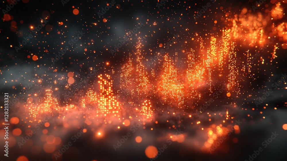 Fototapeta premium Abstract glowing orange cityscape under dark cloudy sky use for fantasy project