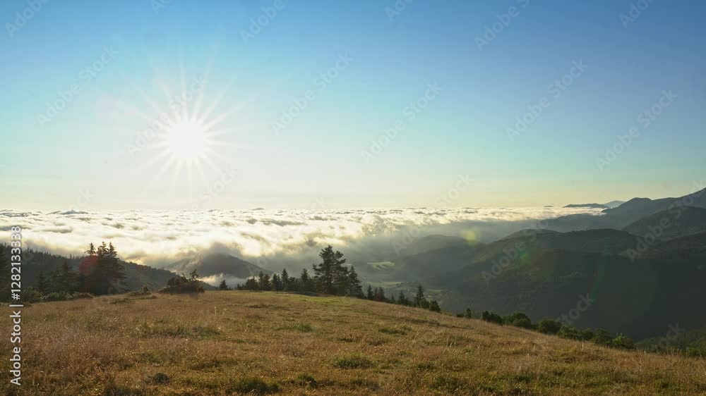 Randonneur traversant le paysage d'une vallée des Pyrénées un matin d'été