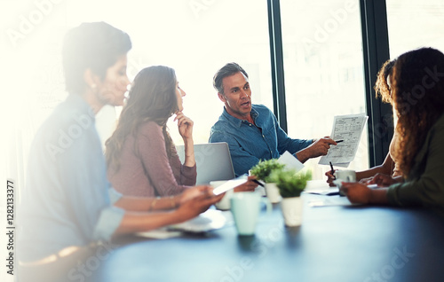 Boardroom, planning and people with documents, talking and collaboration for ideas in advertising agency. Negotiation, team and group with budget for campaign, media strategist or paperwork in office