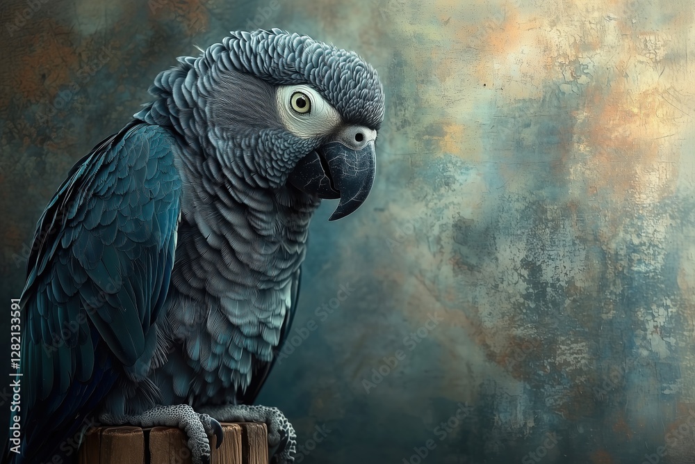 Obraz premium A close-up of a blue gray parrot perched on a wooden stump against a textured background.