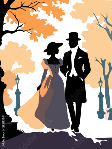 19th century lady and gentleman walking in autumn park