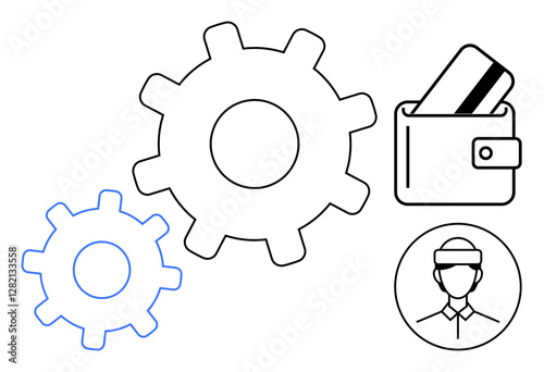 Gears in motion, wallet with credit card, and person icon. Ideal for business operations, finance, HR, fintech, automation workflow and digital services. Line metaphor