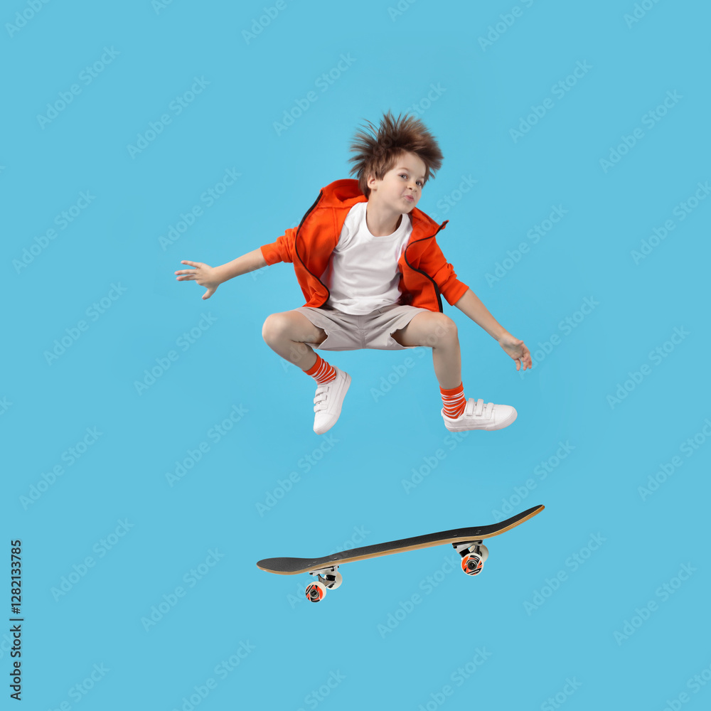Obraz premium Cute little boy with skateboard in air on light blue background. Performing trick