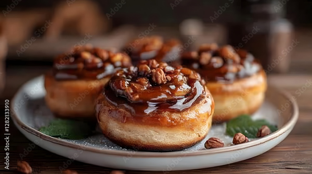 Golden sticky buns with caramelized pecans on ceramic plate. Soft, gooey pastry drizzled with rich caramel glaze. National Sticky Bun Day Golden sticky buns with caramelized pecans on ceramic plate. Soft, gooey pastry drizzled with rich caramel glaze. National Sticky Bun Day