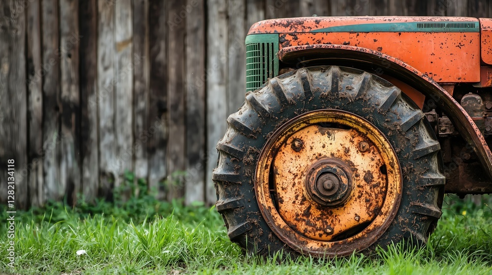 A close-up of an old orange tractor wheel against a rustic wooden background. A close-up of an old orange tractor wheel against a rustic wooden background.