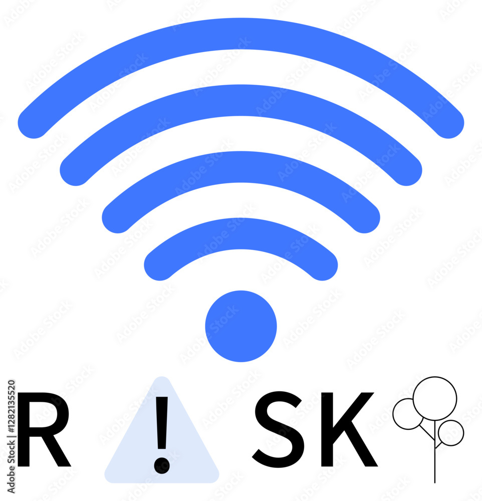 wireless signal waves above RISK text with exclamation mark in warning triangle and balloons. Ideal for cybersecurity, connectivity issues, tech risk, digital caution, network safety, online wireless signal waves above RISK text with exclamation mark in warning triangle and balloons. Ideal for cybersecurity, connectivity issues, tech risk, digital caution, network safety, online