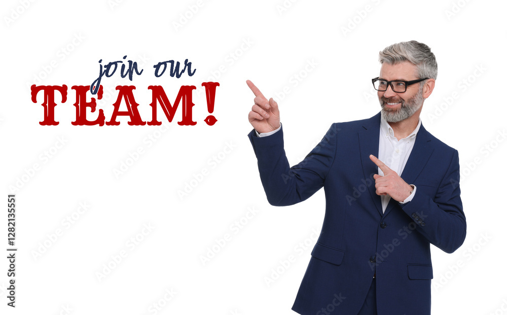 Businessman pointing at text Join Our Team on white background. Human resource, recruitment concept Businessman pointing at text Join Our Team on white background. Human resource, recruitment concept