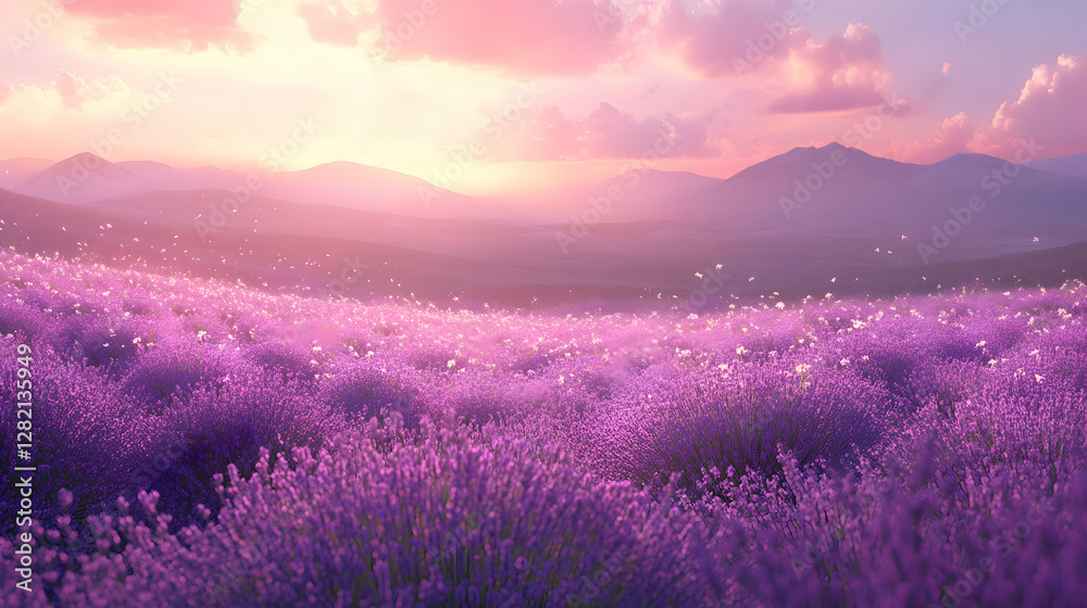 Obraz premium A vibrant field of lavender flowers swaying in the breeze, with a clear sky and soft mountains in the background