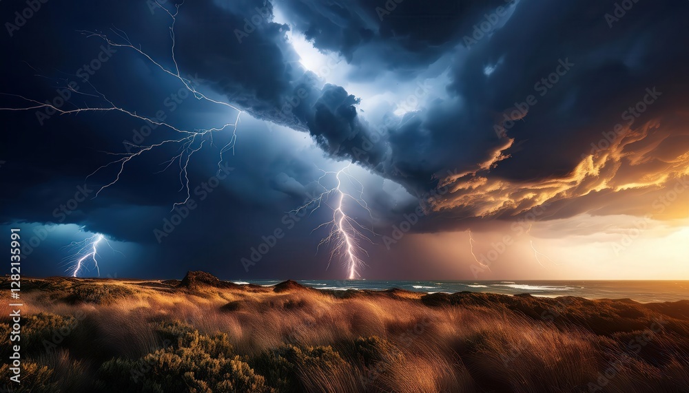 A stormy sky with dark clouds and dramatic lightning illuminating the atmosphere, creating a powerful and intense scene of nature’s fury.
