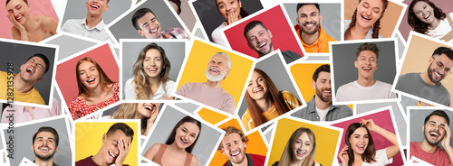 Konstfotografi Different people laughing on colorful backgrounds, collage of photos