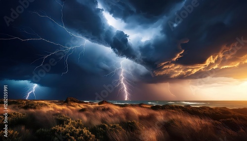 Obraz na płótnie A stormy sky with dark clouds and dramatic lightning illuminating the atmosphere, creating a powerful and intense scene of nature’s fury.
w salonie
