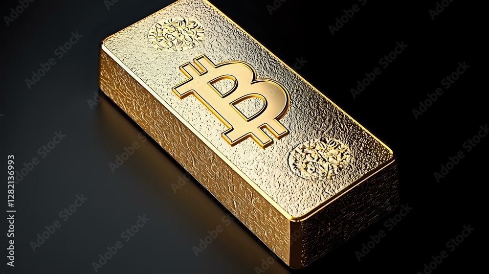 Fototapeta premium Golden bitcoin bar with embossed cryptocurrency symbol and decorative elements on dark background, representing digital wealth and financial investment concept.