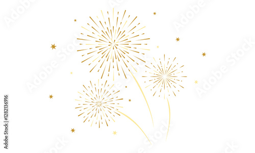Yellow fireworks with stars and sparklers. Vector border with fireworks, holiday banner, poster, flyer, greeting card.