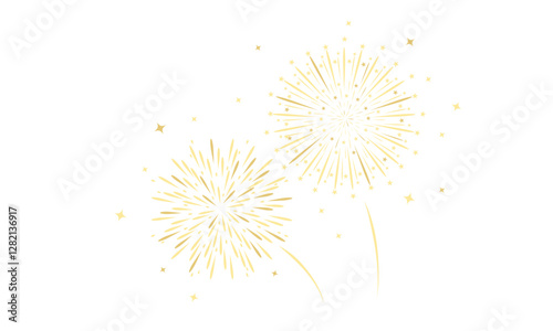 Yellow fireworks with stars and sparklers. Vector border with fireworks, festive banner, poster, flyer, greeting card. Happy new year celebration, anniversary, festival