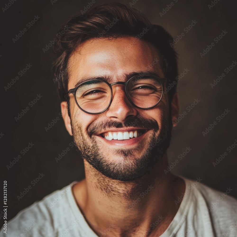 Smiling man with glasses displaying happiness in a warm, casual indoor setting. Generative AI Smiling man with glasses displaying happiness in a warm, casual indoor setting. Generative AI