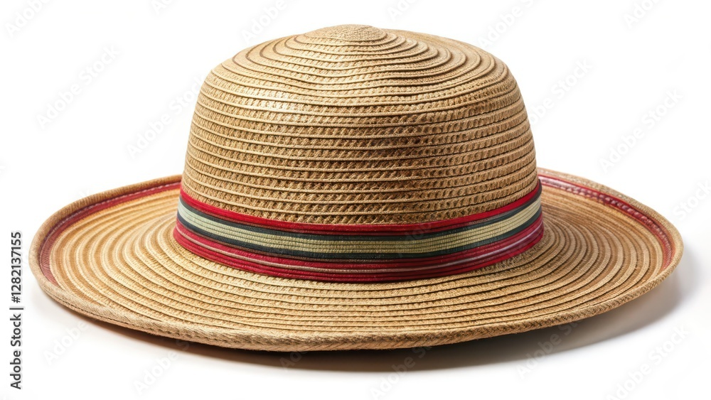 Straw Hat with Colored Band - Object on White Background Straw Hat with Colored Band - Object on White Background