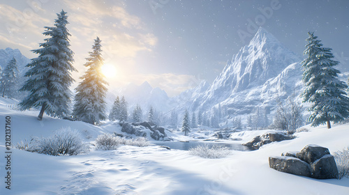 Wallpaper Mural Snowy mountain valley at dawn; tranquil winter landscape; digital art; scenic background Torontodigital.ca