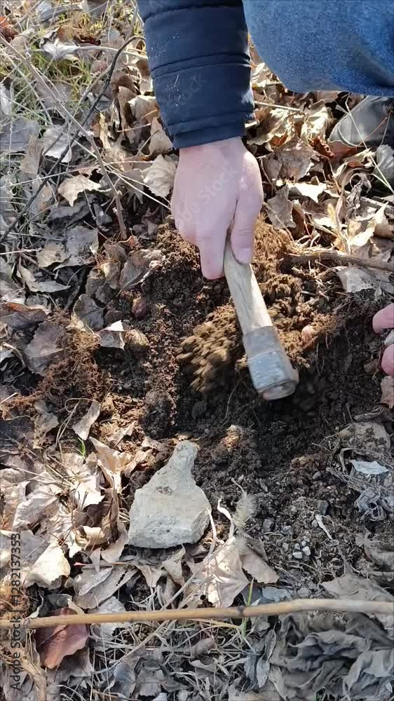 Extracting Jerusalem artichoke from underground with an adze Extracting Jerusalem artichoke from underground with an adze