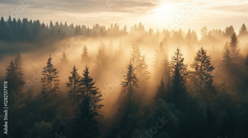 Golden sunlight filters through dense evergreen trees in a misty forest, creating a serene and mystical atmosphere.