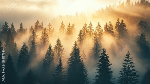 A serene view of a misty forest at dawn with rays of sunlight breaking through tall evergreen trees.