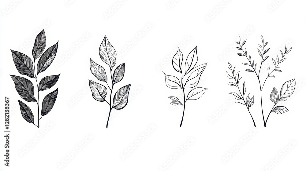 Four elegant botanical illustrations featuring diverse leaf shapes in a minimalist style. Four elegant botanical illustrations featuring diverse leaf shapes in a minimalist style.