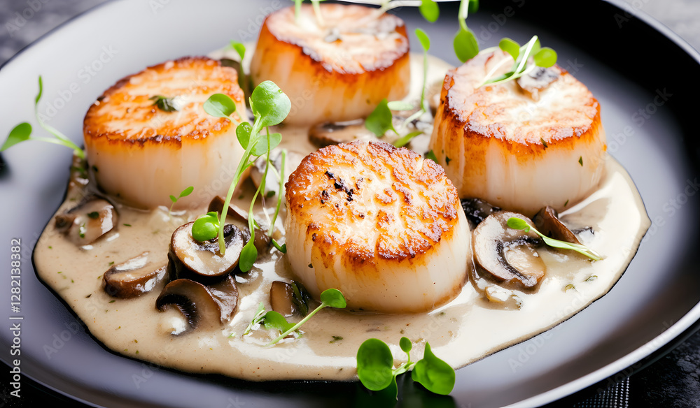 Seared scallops with creamy mushroom sauce and microgreens on a black plate. Gourmet seafood dish for fine dining concept Seared scallops with creamy mushroom sauce and microgreens on a black plate. Gourmet seafood dish for fine dining concept