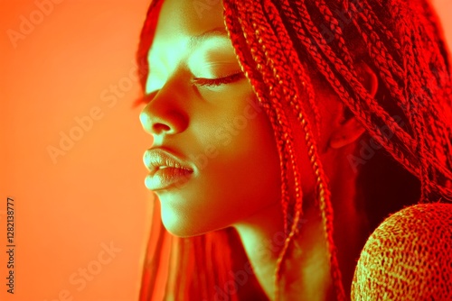 Commercial promotion idea. Lovely calm mixed-race girl - for ads, road poster and social networks use. Long hairdo - braids hair. Black girl art concepts. Colored hair beauty. Long hair art.