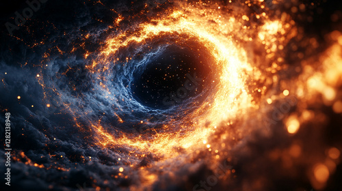 Fototapeta Naklejka Na Ścianę i Meble -  A surreal blue and orange space with a hole at its center, symbolizing the vastness of the sky and the warmth of the sun, blending nature's elements into a modern cosmic representation.

