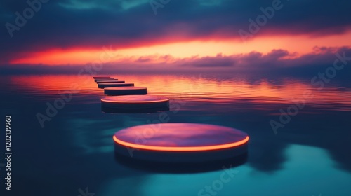 A serene sunset over calm waters, featuring glowing circular stones guiding the way across the reflective surface.