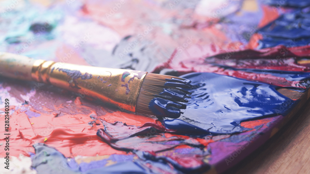 Obraz premium Artist's palette with brush and mixed paints, closeup