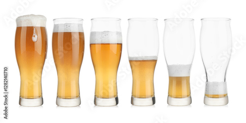 Drinking beer process. From full to empty glass on white background, step-by-step collage