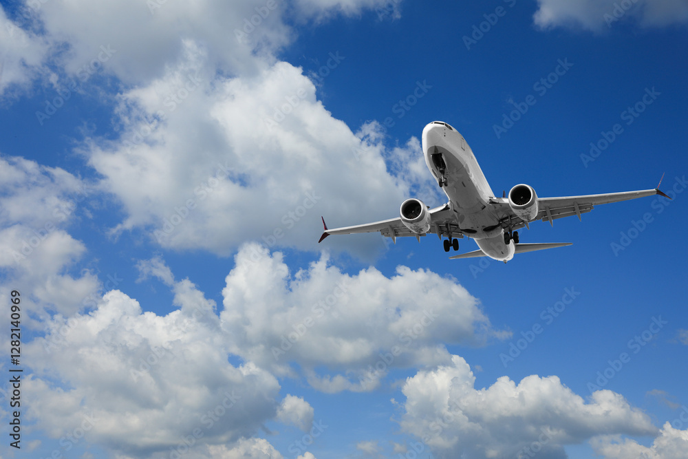 Fototapeta premium Airplane flying in beautiful blue sky with clouds
