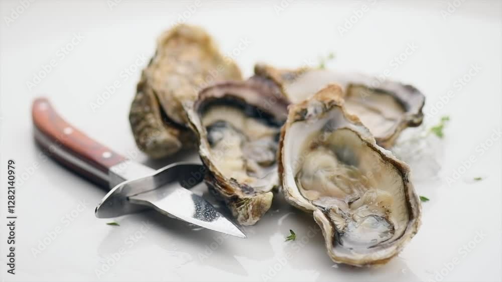 Oysters on ice with knife, close up, open french oysters. Healthy sea food. French Oyster dinner in restaurant. Gourmet food, delicatessen. Grey background 