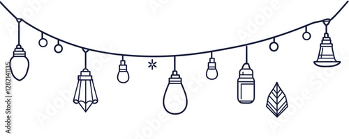 Flat linear icons set of hanging light bulbs and lamps - vector design.