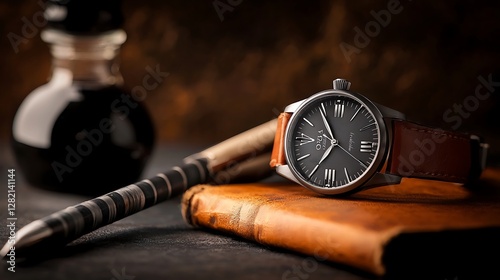 Elegant watch resting on a leather-bound book with a fountain pen and ink bottle in a warm setting