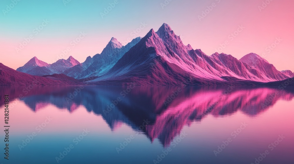 Glowing mountain reflecting in cosmic gradient lake, blending from radiant pink to deep blue, peaceful and grand Glowing mountain reflecting in cosmic gradient lake, blending from radiant pink to deep blue, peaceful and grand